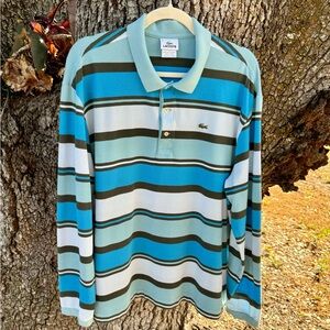 2X Lacoste Designed in France Blue striped long sleeve polo with gator logo 2X